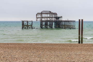 The remains of the destroyed West Pier in Brighton, East Sussex, England, UK