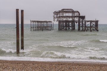 The remains of the destroyed West Pier in Brighton, East Sussex, England, UK