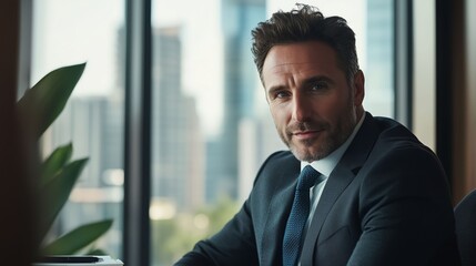 Fototapeta premium An adult businessman sits confidently in his office, dressed professionally, ready for work.