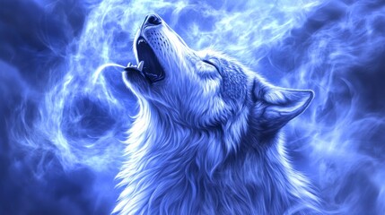 Mystical wolf howling, surrounded by vibrant blue flames