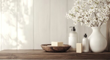 Arrangement of Soap and Cream Bottles with Floral Decoration on Shelf