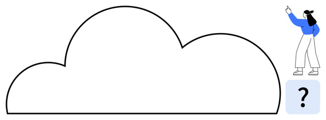 Large cloud shape with person gesturing towards it and a question mark. Ideal for brainstorming, decision-making, creativity, questions, problem solving, curiosity, innovation. Flat simple metaphor