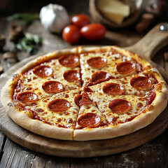 A pepperoni pizza cut into slices on a wooden board with tomatoes and garlic in the background