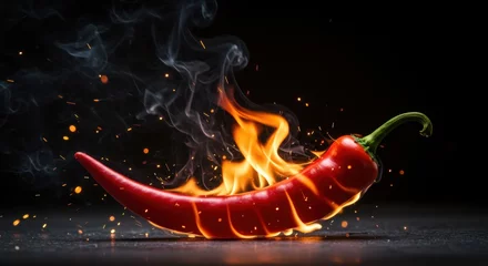 Plexiglas schilderij Hete pepers A fiery red chili pepper engulfed in flames with smoke and sparks against a dark background  © Laki