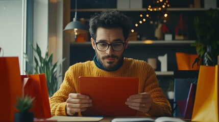 A shopper analyzes prices on a tablet in a contemporary home office, surrounded by shopping bags and notebooks, highlighting the ease of online shopping.