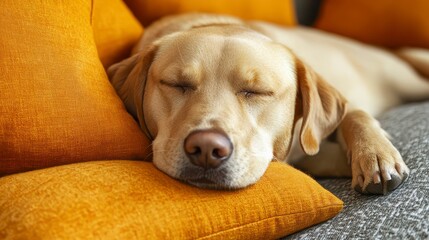 Relaxed Labrador Retriever Napping on Cozy Orange Pillow Surface
