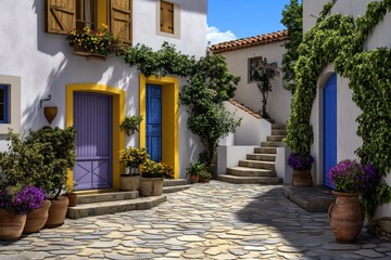 Naklejka premium A modern flat-design illustration of a sunlit Arles street, with bright yellow and blue accents