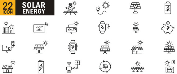 Solar Energy editable outline icon set. Solar panel, photovoltaic cell, sun, solar farm, renewable energy, solar battery and more.