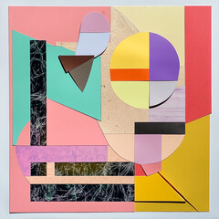 Abstract geometric collage featuring various shapes and colors in a square composition style art piece