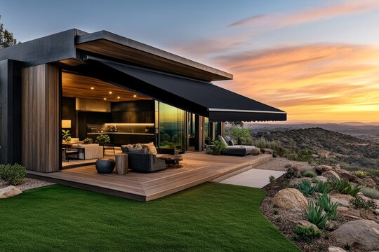 A modern house with a sleek retractable awning shading a luxurious patio with outdoor seating