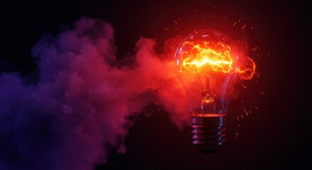 A glowing light bulb with smoke and fire emitting from it against a dark background scene shot