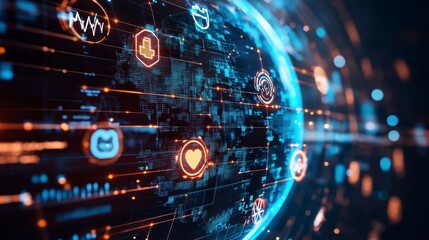 Futuristic Digital Interface with Technology Icons and Data Streams