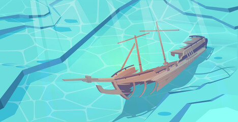 Sunken wooden shipwreck with broken sails resting on the ocean floor in clear blue water. Underwater exploration and lost treasure concept. Vector illustration