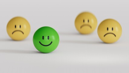 Individuality.Happy and unhappy people, teamwork and society concepts,Facial expressions. Mental health assessment.3D rendering on white background.