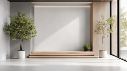 Modern minimalist zen-like interior with wooden steps and plants