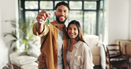 Fototapeta premium Hands, keys and couple with moving to new home for mortgage investment, property relocation and fresh start. Homeowner, happy people and support with dream house, achievement and real estate success