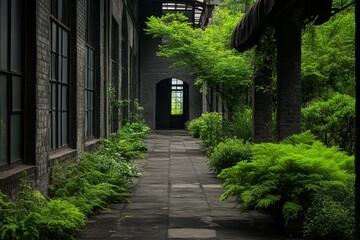 A mysterious abandoned market alley with torn and weathered awnings fluttering in the wind