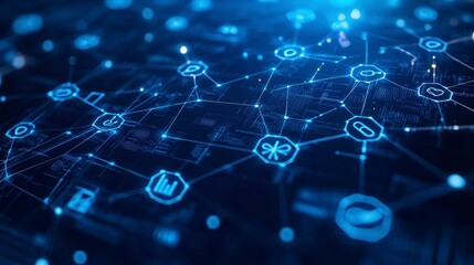 Futuristic Digital Network with Nodes and Connections in Blue Tones