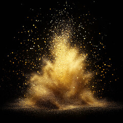 A dazzling explosion of golden glitter dust against a stark black backdrop creating a magical effect