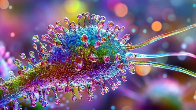 Microscopic view of a vibrant and colorful virus under a microscope showcasing its intricate structure and surface details