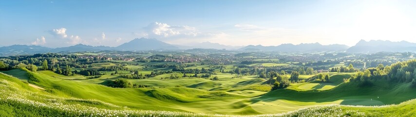 Obraz premium Spring landscape with beautiful buildings, flowering plants and golf courses