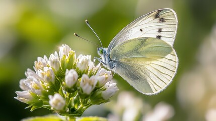 Delicate White Butterfly on Blooming White Flowers in Soft Focus