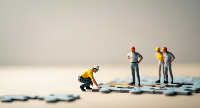 Miniature construction workers assembling puzzle pieces on light background