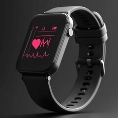 Close up of a black smart watch showing a heart rate monitor on a black background in studio lighting