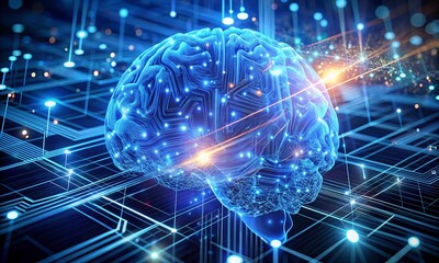 3D illustration of AI brain network, glowing circuits and data streams, blue tones