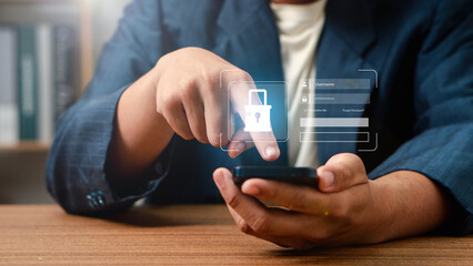 Concept of cyber security, secure access to user's personal information, information security and...