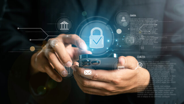 User using mobile phone with digital padlock on internet technology network security with cloud security and data encryption, cybersecurity, Cyber security network. Data protection concept.