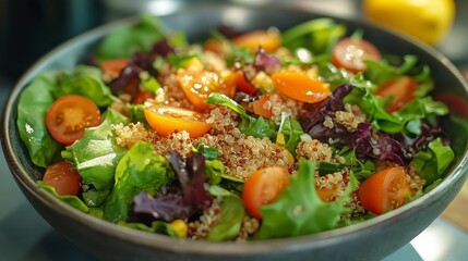Fresh Quinoa Salad with Colorful Greens and Cherry Tomatoes