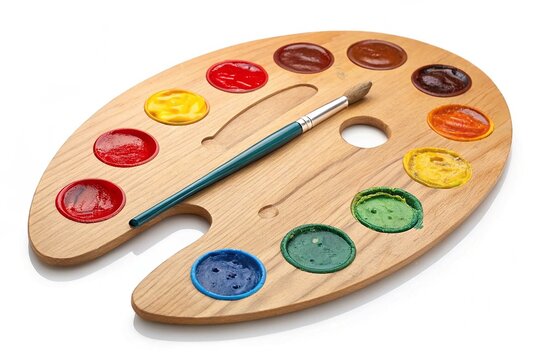 Wooden artist s palette with samples of paints isolated on transparent background
