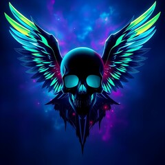 A dark, winged skull glows with an electrifying blue light, giving off a supernatural aura. The wings seem to pulse with energy, suggesting power and mysticism. The contrast between darkness and neon 