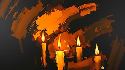 A cluster of flickering candles burns brightly against a dark, mysterious background. The golden flames cast shadows, adding depth and a sense of tranquility. The warm light evokes feelings of nostalg