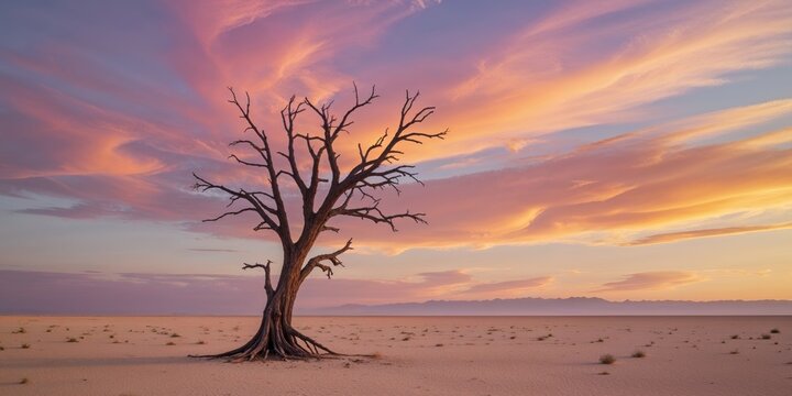 A dead tree standing alone in a vast desert under a colorful sunset sky.