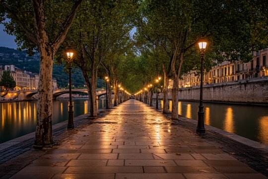 A romantic evening stroll along the Rh&Atilde;&acute;ne River, with streetlights casting warm reflections on the water