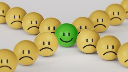 stand out from the crowd.yellow BALL with smile, normal and sad face. Facial expressions. Mental health assessment.3D rendering on white background.