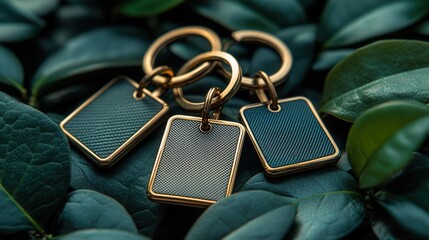 Elegant golden keyrings with textured tags resting on lush green leaves.