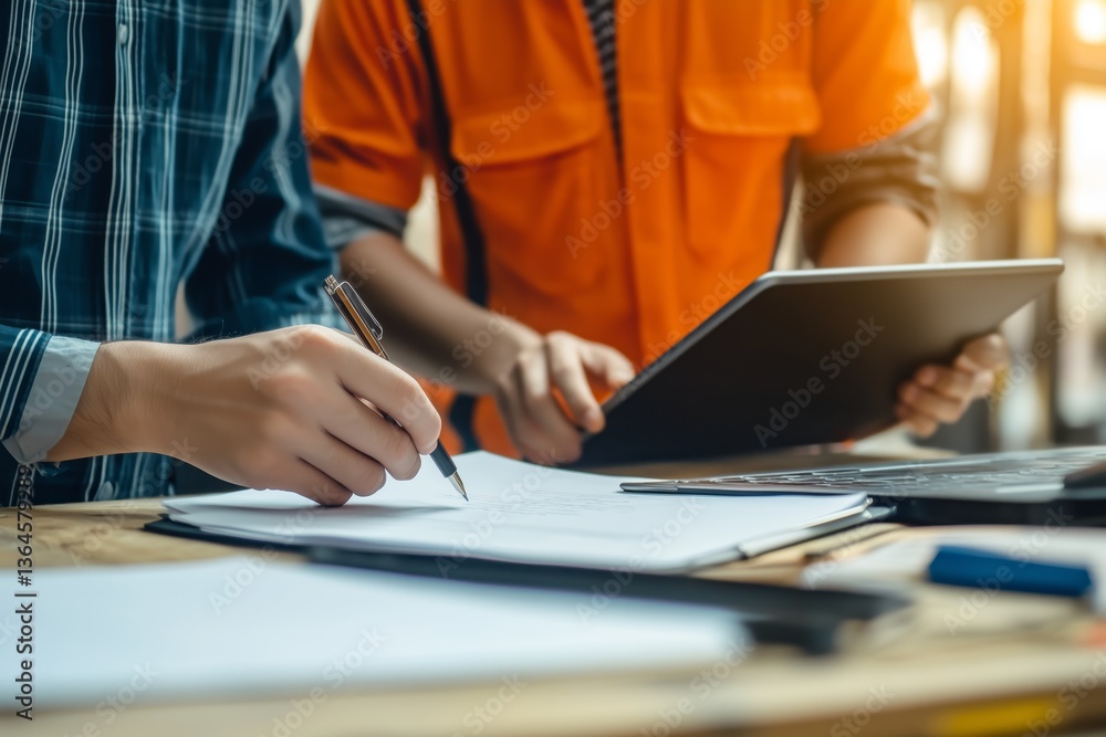 Aufkleber worker jotting down notes on paper as young engineer utilizes a tablet to enhance work speed and eff
