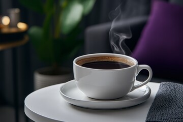 Fototapeta premium A sleek Viva Magenta coffee cup on a white tabletop, with a single steam curl rising elegantly