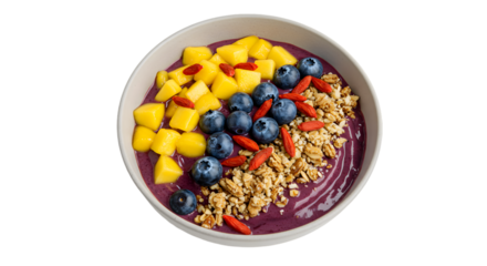 Nutritious Acai Smoothie Bowl with Fresh Mango, Blueberries, Goji Berries, and Granola Isolated on White Background – A Delicious and Healthy Superfood Meal for Breakfast, Vegan Diet, and Fitness Enth