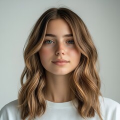 Fototapeta premium Young woman with long, wavy hair poses against a neutral background in a casual white sweater