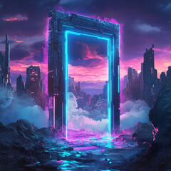 A glowing blue portal stands amidst a futuristic cityscape under a vibrant purple and pink sky landscape