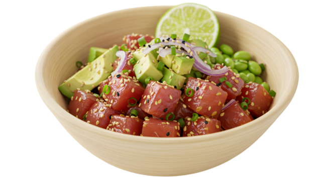 Hawaiian tuna poke bowl with fresh ahi tuna, avocado, edamame, red onion, lime, and sesame seeds, isolated on white, healthy protein-rich seafood dish, traditional Asian fusion cuisine, gourmet meal.
