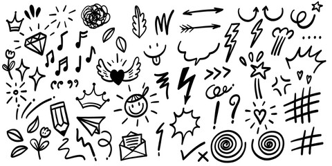 Obraz premium Hand-drawn doodle elements in black ink on a white background.