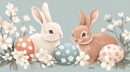 Easter bunnies with flowers, and eggs. (10)