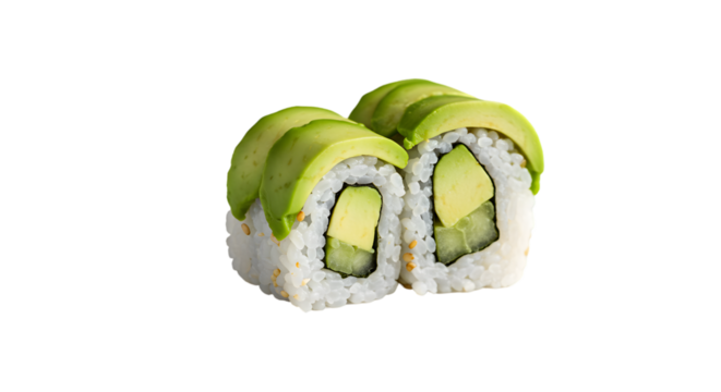 Avocado sushi rolls with rice, nori seaweed, and fresh avocado slices, isolated on white, healthy vegetarian sushi, Japanese cuisine, gourmet maki rolls, minimalist sushi presentation, fusion sushi di
