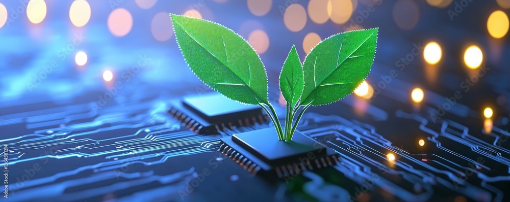 Poster a digital circuit board with green leaves sprouting from microchips, symbolizing the fusion of techn