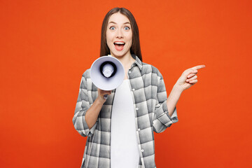 Young woman wear grey shirt white t-shirt casual clothes hold in hand megaphone scream announces...